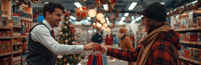 Retrait d'une commande en Click and Collect dans un magasin de jouets à Noël